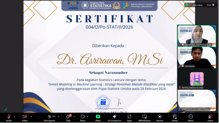 Pojok Statistik Universitas Islam Bandung (Unisba) kembali menunjukkan komitmennya dalam memperkuat literasi statistik di era transformasi digital. Melalui program Statistics Lecture bertajuk “Smart Modeling in Machine Learning: Strategi Pemilihan Metode Klasifikasi yang Tepat”, kegiatan ini digelar secara daring pada Sabtu (28/2/2026).